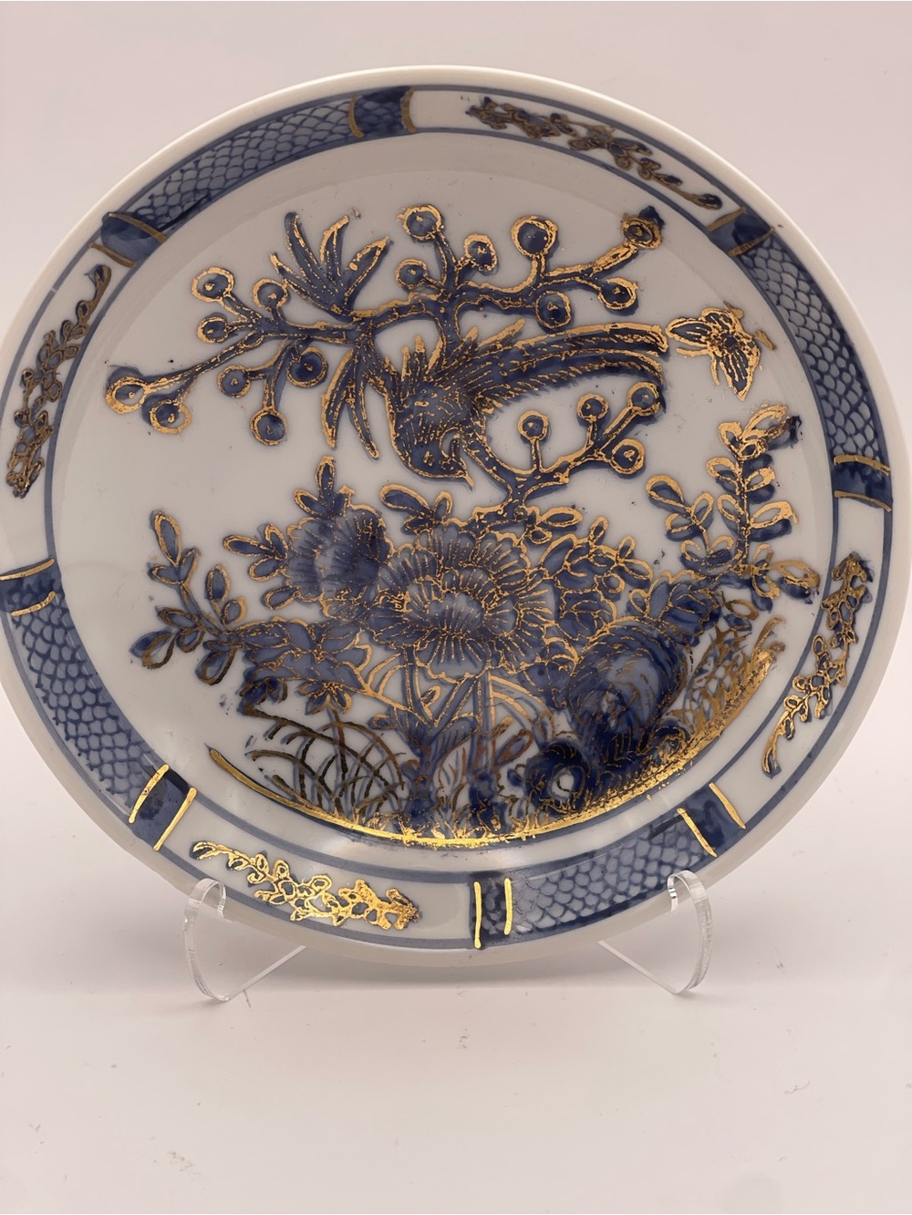 Vintage Japanese Porcelain Bowl | Blue Gold Bird Floral Hand Painted Hong Kong